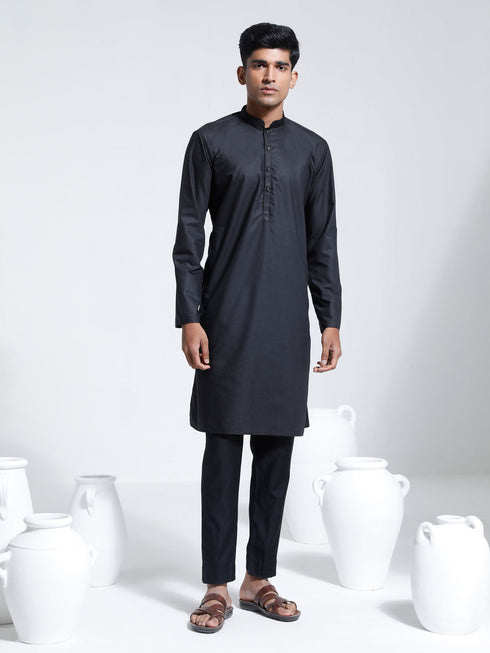 Vastramay Men's Black Cotton Silk Kurta And Pyjama Set